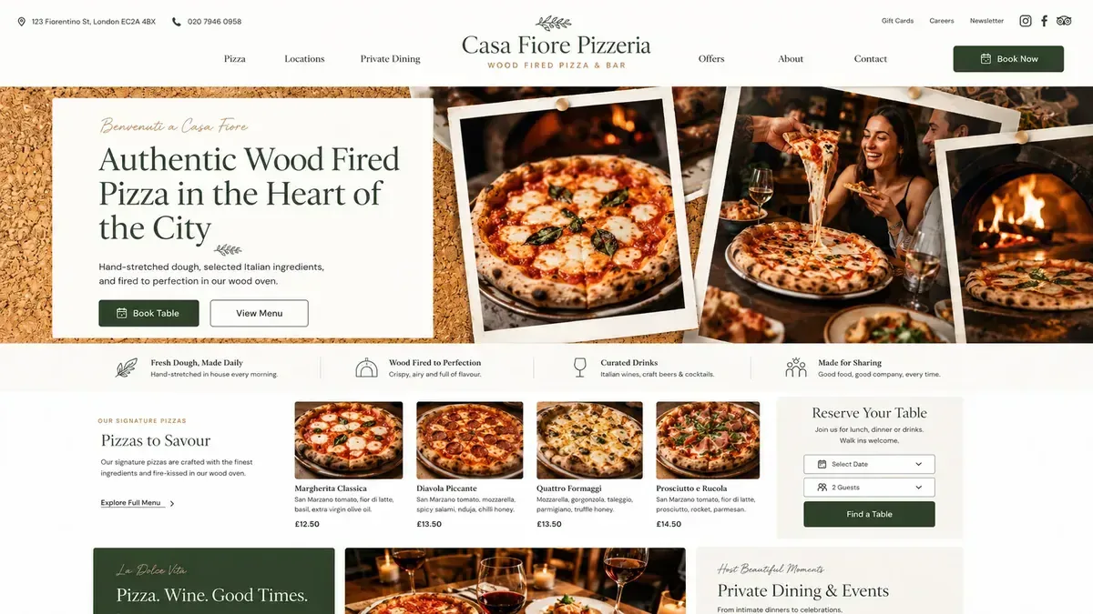 Casa Fiore Pizzeria restaurant website, a demo build showing the menu and table booking