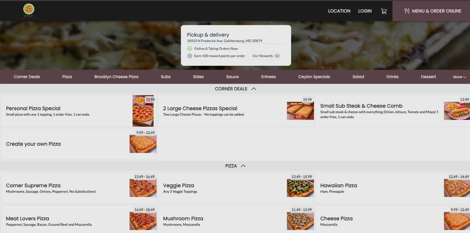 Corner Pizza and Subs menu page with online ordering and prices, a live client website