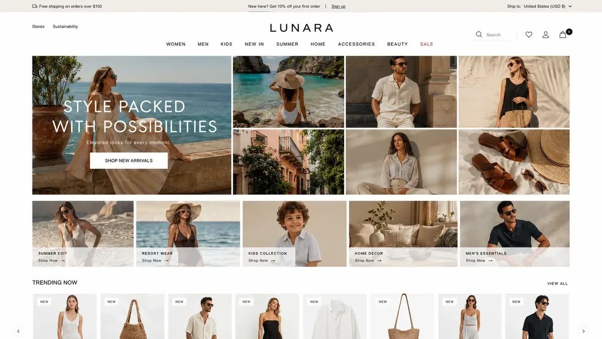 LUNARA fashion store website, a demo build showing the product catalogue and shopping cart
