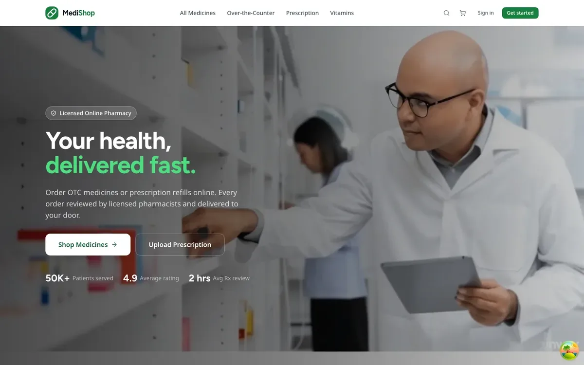 MediShop online pharmacy website, a demo build showing prescription upload and secure checkout