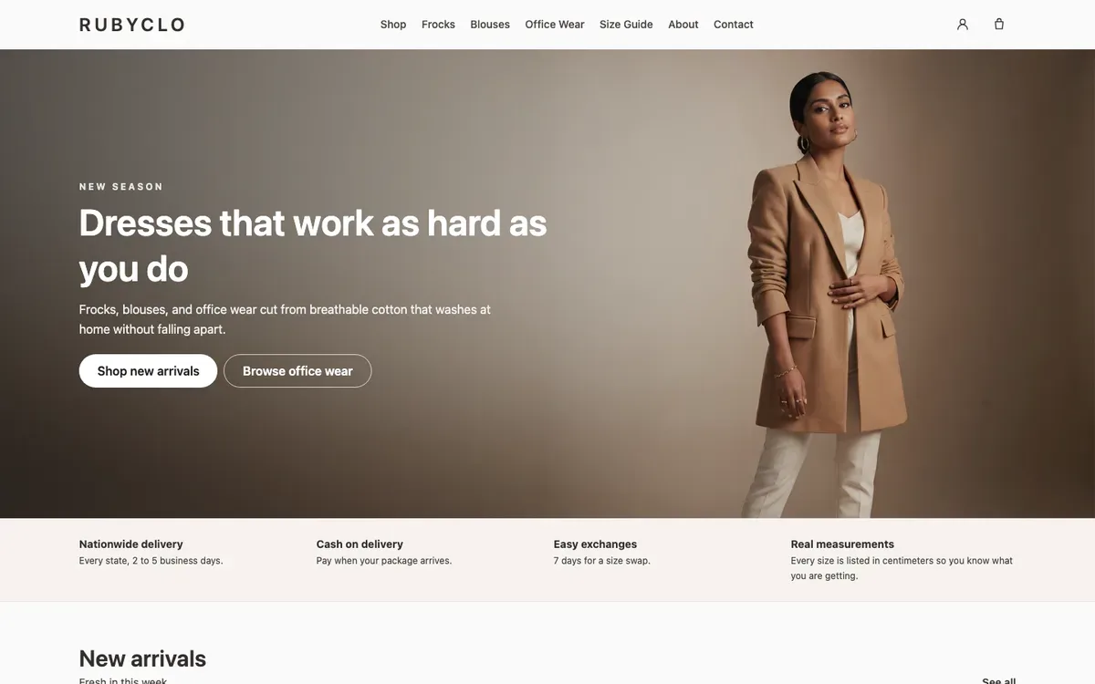 Rubyclo clothing store, a demo build showing the shop front and product grid
